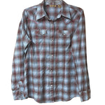 Load image into Gallery viewer, Vintage Wrangler Western Snap Shirt – Women’s M – Brown &amp; Blue Plaid w/ Pink Metallic Thread
