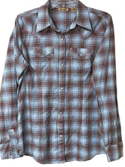Load image into Gallery viewer, Vintage Wrangler Western Snap Shirt – Women’s M – Brown &amp; Blue Plaid w/ Pink Metallic Thread
