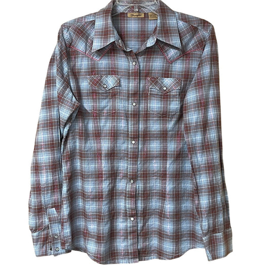 Vintage Wrangler Western Snap Shirt – Women’s M – Brown & Blue Plaid w/ Pink Metallic Thread