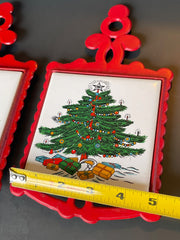 Load image into Gallery viewer, Vintage Cathay Tile Christmas Tree Ceramic Trivet Set Red Frame 2pc