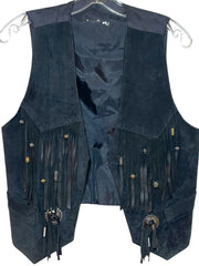 Load image into Gallery viewer, Vintage Black Suede Fringe Western Vest Concho Beaded Cowboy Biker Unisex Small - Lisa Lassi