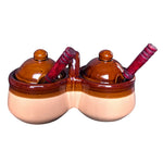 Load image into Gallery viewer, Vintage Brown Tan Ceramic Double Condiment Pot Set Lids Wood Handle Spoons
