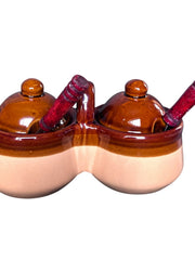 Load image into Gallery viewer, Vintage Brown Tan Ceramic Double Condiment Pot Set Lids Wood Handle Spoons