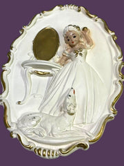 Load image into Gallery viewer, Vintage 1950s Chalkware Lady Wall Plaques Set Dogs Babies Vanity Gold Rococo