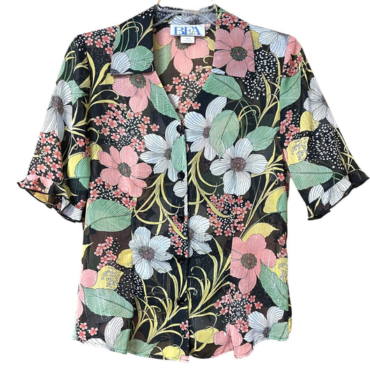 🌼 BFA Classics Sheer Floral Button-Up Blouse – Size Small