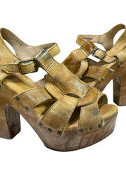 Load image into Gallery viewer, Bed Stu Melissa Tan Leather Wood Platform Clog Heels Sandals Women's 8.5
