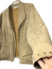 Load image into Gallery viewer, SOLD - Chico’s Faux Suede Laser-Cut Open Front Jacket Women’s Size 2 Tan Western Boho - Lisa Lassi
