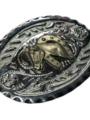 Load image into Gallery viewer, SOLD - Vintage Silver-Tone Horse Head Western Belt Buckle – Oval Floral Design, 4” x 3” - Lisa Lassi