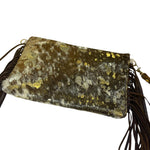 Load image into Gallery viewer, Western Cowhide Leather Fringe Wristlet Clutch Metallic Gold Hair-On Hide Bag
