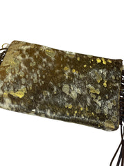 Load image into Gallery viewer, Western Cowhide Leather Fringe Wristlet Clutch Metallic Gold Hair-On Hide Bag