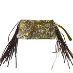 Load image into Gallery viewer, Western Cowhide Leather Fringe Wristlet Clutch Metallic Gold Hair-On Hide Bag
