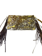 Load image into Gallery viewer, Western Cowhide Leather Fringe Wristlet Clutch Metallic Gold Hair-On Hide Bag