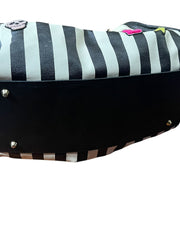 Load image into Gallery viewer, Betsey Johnson Black White Stripe Duffel Weekender Bag Patches Floral Lining