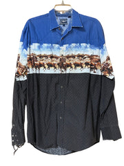Load image into Gallery viewer, 🐂 Roper Western Cattle Print Pearl Snap Shirt – Blue – Size L