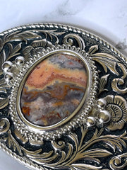 Load image into Gallery viewer, Vintage Western Belt Buckle Agate Jasper Stone Floral Scroll Silver Tone 4"