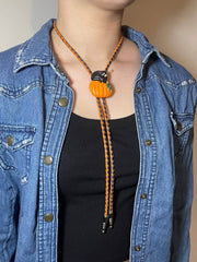 Load image into Gallery viewer, SOLD - 🎃 Halloween Bolo Tie – Black Cat &amp; Pumpkin
