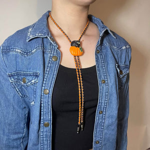 🎃 Halloween Bolo Tie – Black Cat & Pumpkin