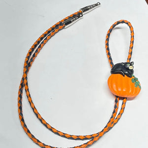 🎃 Halloween Bolo Tie – Black Cat & Pumpkin