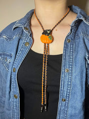 Load image into Gallery viewer, SOLD - 🎃 Halloween Bolo Tie – Black Cat &amp; Pumpkin
