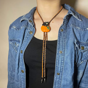 🎃 Halloween Bolo Tie – Black Cat & Pumpkin