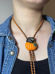 Load image into Gallery viewer, SOLD - 🎃 Halloween Bolo Tie – Black Cat &amp; Pumpkin
