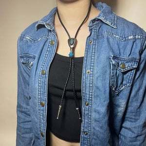 Western Bolo Tie, Turquoise-Style Stone & Silver