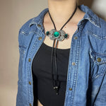 Load image into Gallery viewer, Bolo Tie – Black Cord &amp; Emerald Green Stones
