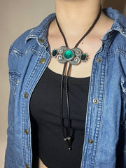Load image into Gallery viewer, Bolo Tie – Black Cord &amp; Emerald Green Stones
