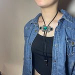 Load image into Gallery viewer, Bolo Tie – Black Cord &amp; Emerald Green Stones
