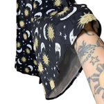 Load image into Gallery viewer, Celestial Sun &amp; Moon Wide Leg Bell Pants – Black Astrology Print, Elastic Waist
