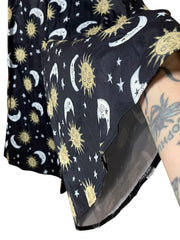 Load image into Gallery viewer, Celestial Sun &amp; Moon Wide Leg Bell Pants – Black Astrology Print, Elastic Waist