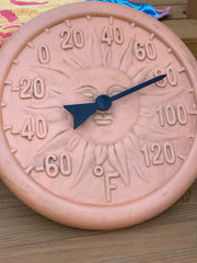 Load image into Gallery viewer, Terracotta Sun Face Outdoor Thermometer Celestial Garden Patio Decor 11.5"