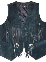 Load image into Gallery viewer, Vintage Black Suede Fringe Western Vest Concho Beaded Cowboy Biker Unisex Small - Lisa Lassi