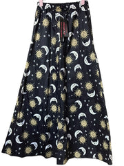 Load image into Gallery viewer, Celestial Sun &amp; Moon Wide Leg Bell Pants – Black Astrology Print, Elastic Waist
