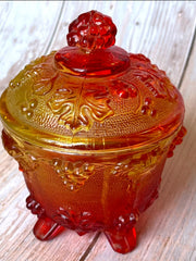 Load image into Gallery viewer, Vintage Jeannette Glass Amberina Harvest Grape Footed Covered Candy Dish Compote