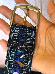 Load image into Gallery viewer, Embroidered Chainstitch Bird Floral Wide Fabric Belt Black Blue Pink 40"