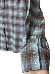 Load image into Gallery viewer, Vintage Wrangler Western Snap Shirt – Women’s M – Brown &amp; Blue Plaid w/ Pink Metallic Thread
