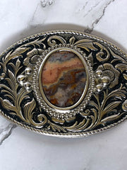 Load image into Gallery viewer, Vintage Western Belt Buckle Agate Jasper Stone Floral Scroll Silver Tone 4"