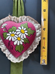 Load image into Gallery viewer, Vintage 1970s Handmade Heart Wall Hanging Daisy Floral Lace Velvet Ribbon