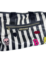 Load image into Gallery viewer, Betsey Johnson Black White Stripe Duffel Weekender Bag Patches Floral Lining