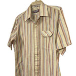 Load image into Gallery viewer, Vintage Contour Fitted Stripe Shirt – Earth Tones, Retro Summer Button-Up (M)
