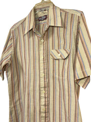 Load image into Gallery viewer, Vintage Contour Fitted Stripe Shirt – Earth Tones, Retro Summer Button-Up (M)