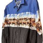 Load image into Gallery viewer, 🐂 Roper Western Cattle Print Pearl Snap Shirt – Blue – Size L
