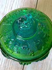 Load image into Gallery viewer, Vintage Jeannette Glass Green Blue Harvest Grape Footed Covered Candy Dish Compote