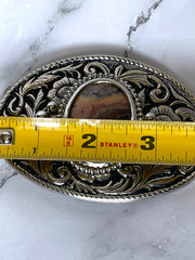 Load image into Gallery viewer, Vintage Western Belt Buckle Agate Jasper Stone Floral Scroll Silver Tone 4"
