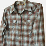 Load image into Gallery viewer, Vintage Wrangler Western Snap Shirt – Women’s M – Brown &amp; Blue Plaid w/ Pink Metallic Thread
