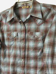 Load image into Gallery viewer, Vintage Wrangler Western Snap Shirt – Women’s M – Brown &amp; Blue Plaid w/ Pink Metallic Thread
