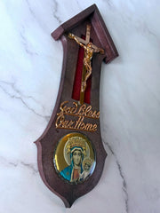 Load image into Gallery viewer, Vintage Italy God Bless Our Home Crucifix Madonna Plastic Wall Plaque 9"