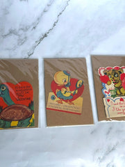 Load image into Gallery viewer, Vintage 1940s 1950s Valentine Cards Lot of 3 Die Cut Animal USA Turtle Duck Dog