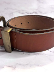 Load image into Gallery viewer, Cleo + Wolf Burnished Edge Genuine Leather Belt Brown Gold Buckle Size S 2" Wide